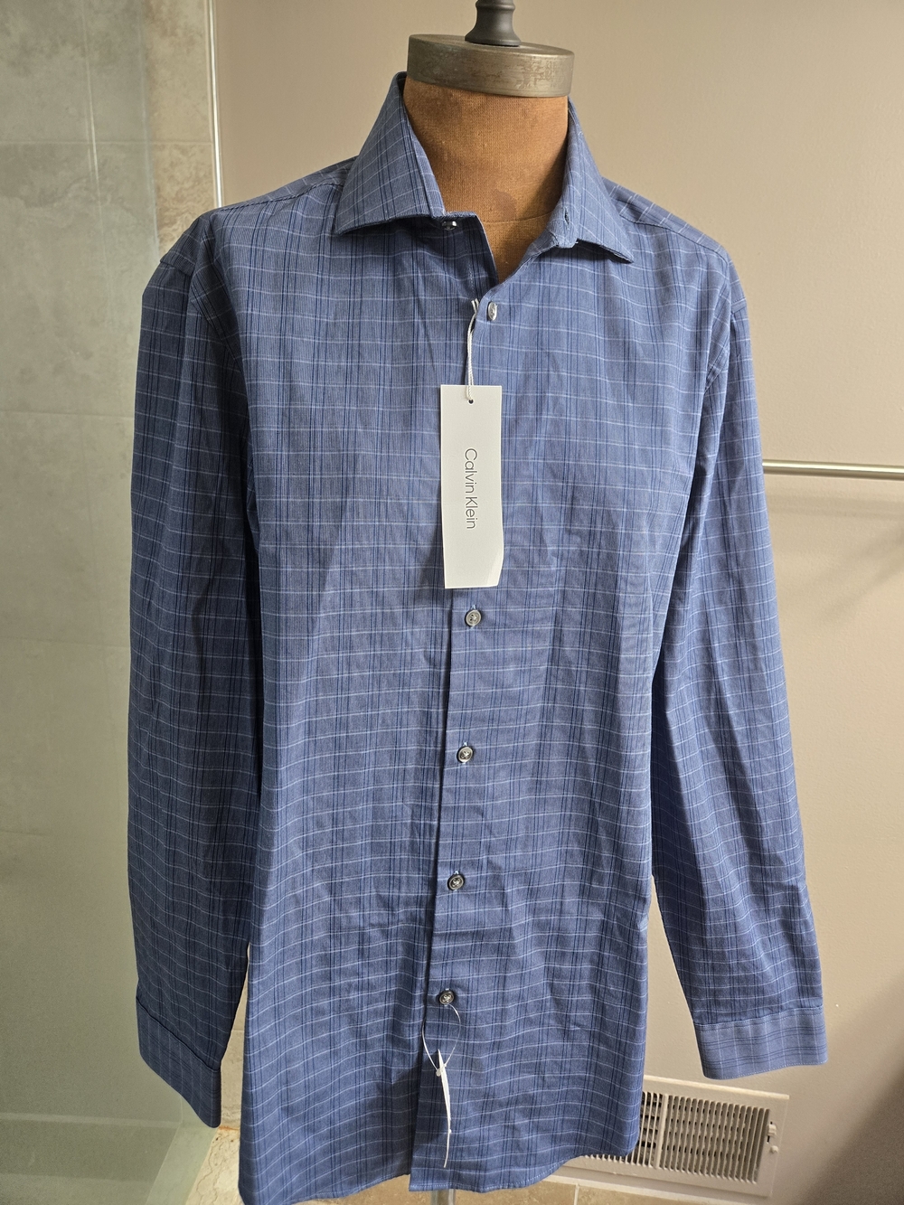 NWT Calvin Klein Mens M Indigo Blue With Subtle Windowpane Fabric LSBD Slim Fit